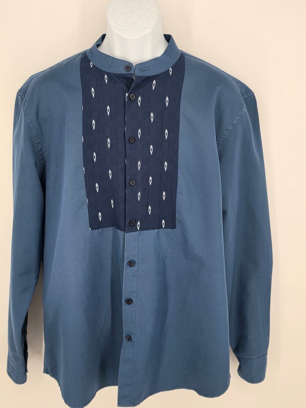 House of Tayo Kigali Shirt XL Blue Ikat Bib Accent Band Collar Luxury Artisan